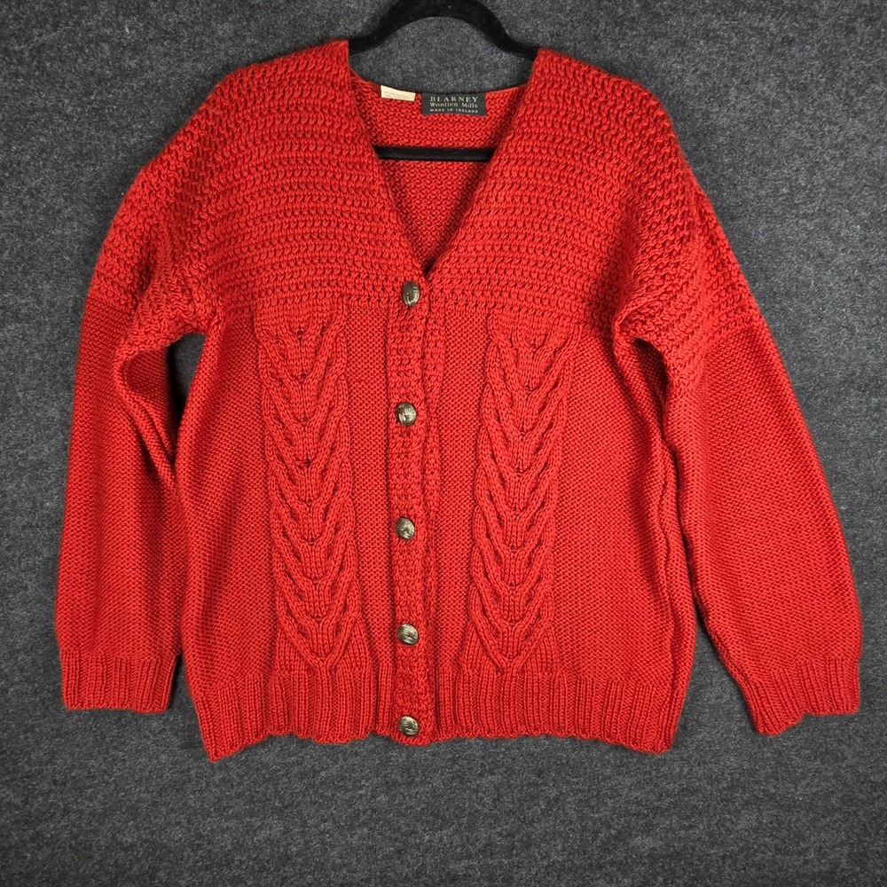 BLARNEY Woollen Mills Women's Red Merino Wool Cable Knit Cardigan Ireland Size M